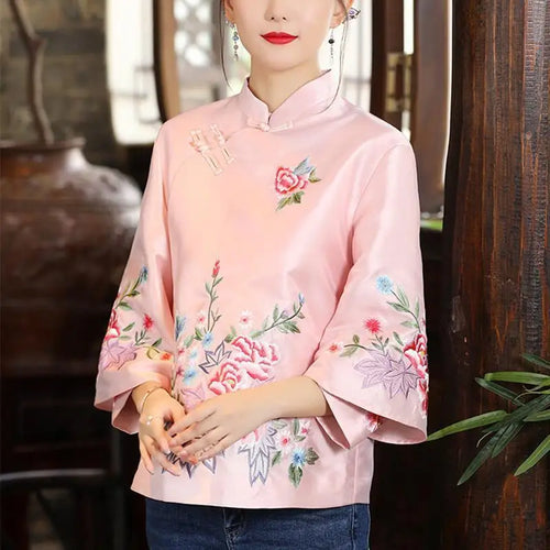 Elegant Loose Blouse New Spring and Autumn Ethnic Style Tang Suit Coat Retro Embroidery Button Chinese Top Women's Top